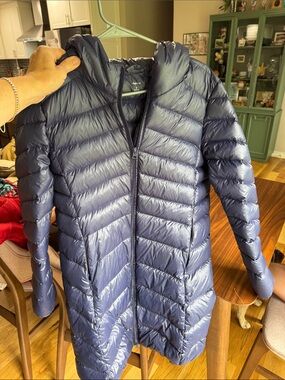 Women's Navy Long Puffer Coat with Hood